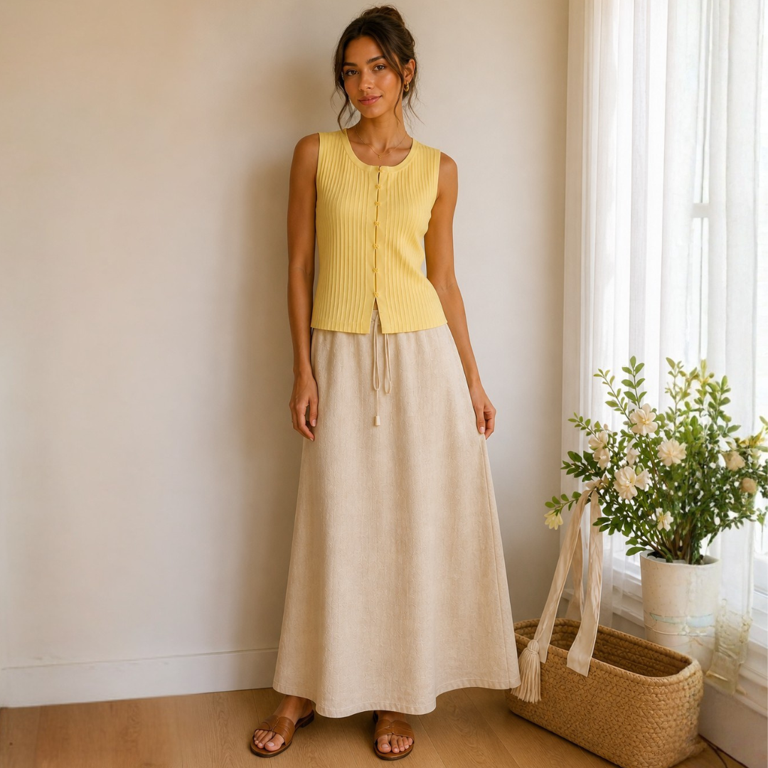 Conjunto de dos piezas enagua crema y blusa amarilla
