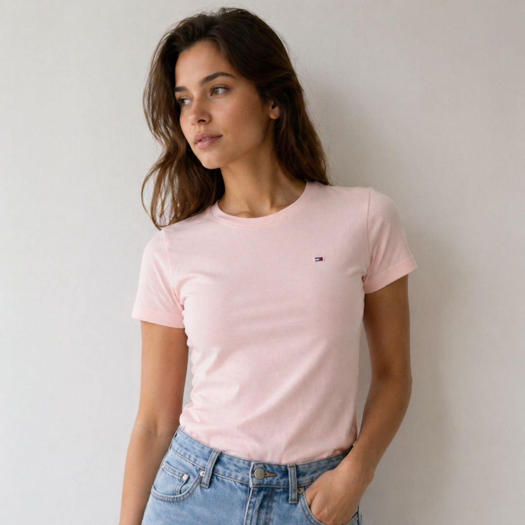 Camiseta de cuello redondo Tommy Hilfiger Rosada