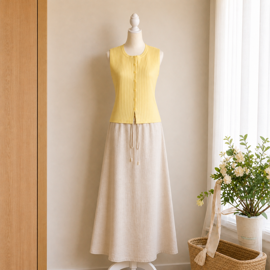 Conjunto de dos piezas enagua crema y blusa amarilla