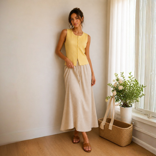 Conjunto de dos piezas enagua crema y blusa amarilla